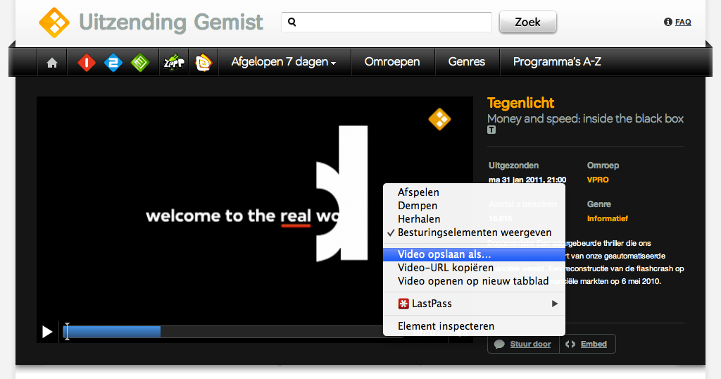 Klik rechts op de video om deze op te slaan
